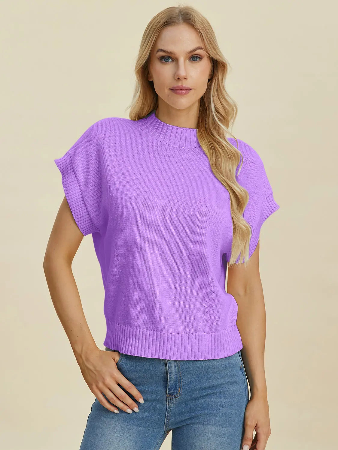 Double Take Full Size Mock Neck Short Sleeve Sweater  