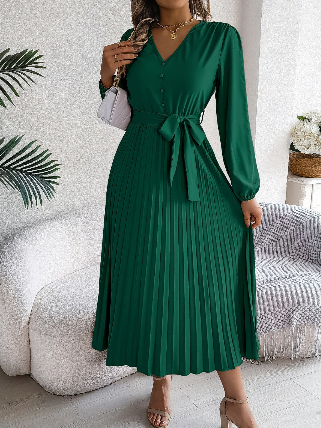 Pleated Tied V-Neck Long Sleeve Dress  