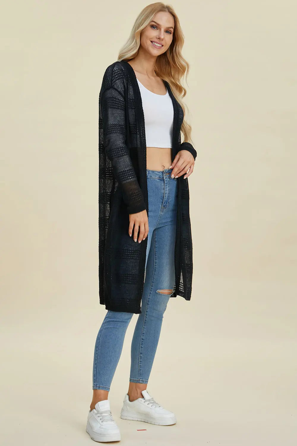 Double Take Full Size Open Front Longline Cardigan  