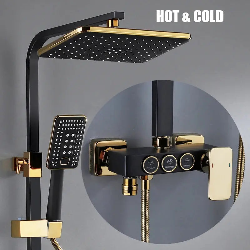 Hot and Cold Digital Shower Set Faucet Bathroom Shower System Black Gold Shower Faucet Square Shower Head  Bath Shower System  