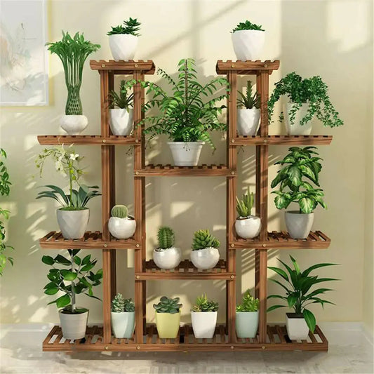 UNHO Multi-Tier Plant Stand, 46in Height Wood Flower Rack Holder 16 Potted Display Storage Shelves Indoor Outdoor for Patio Gard  