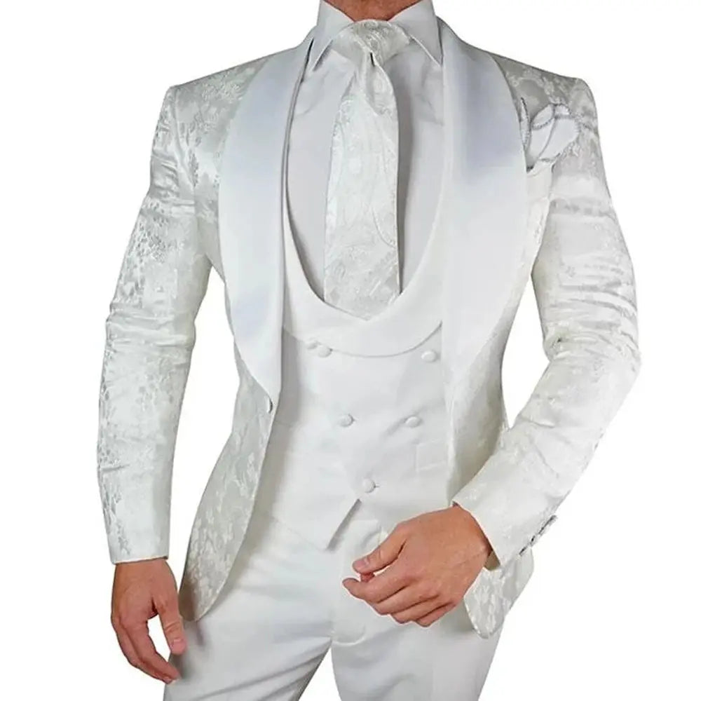 White Floral Wedding Tuxedo for Groom 3 piece Slim fit Men Suits with Satin Shawl Lapel Custom Male Fashion Costume Jacket Vest VEIAI Store  EBOYGIFTS