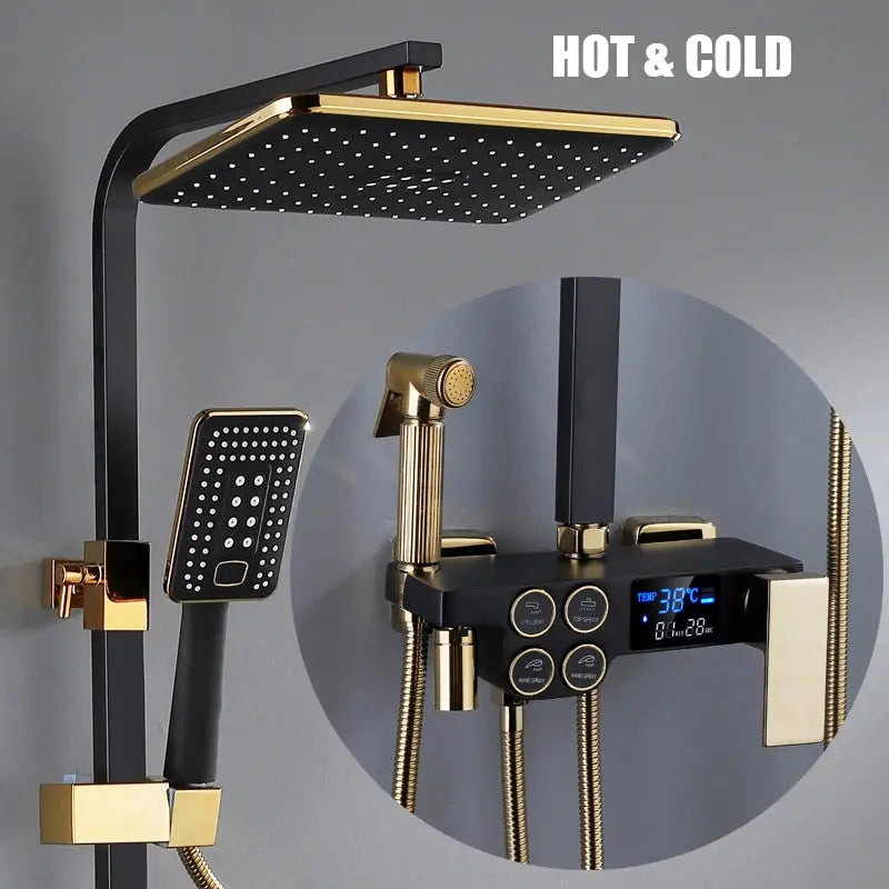 Hot and Cold Digital Shower Set Faucet Bathroom Shower System Black Gold Shower Faucet Square Shower Head  Bath Shower System  