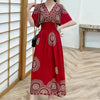 Casual Elegant Retro Bohemian National Style V-neck ElasticWaist Large Swing Printed Summer Long Skirt Woman Dress Clothes  