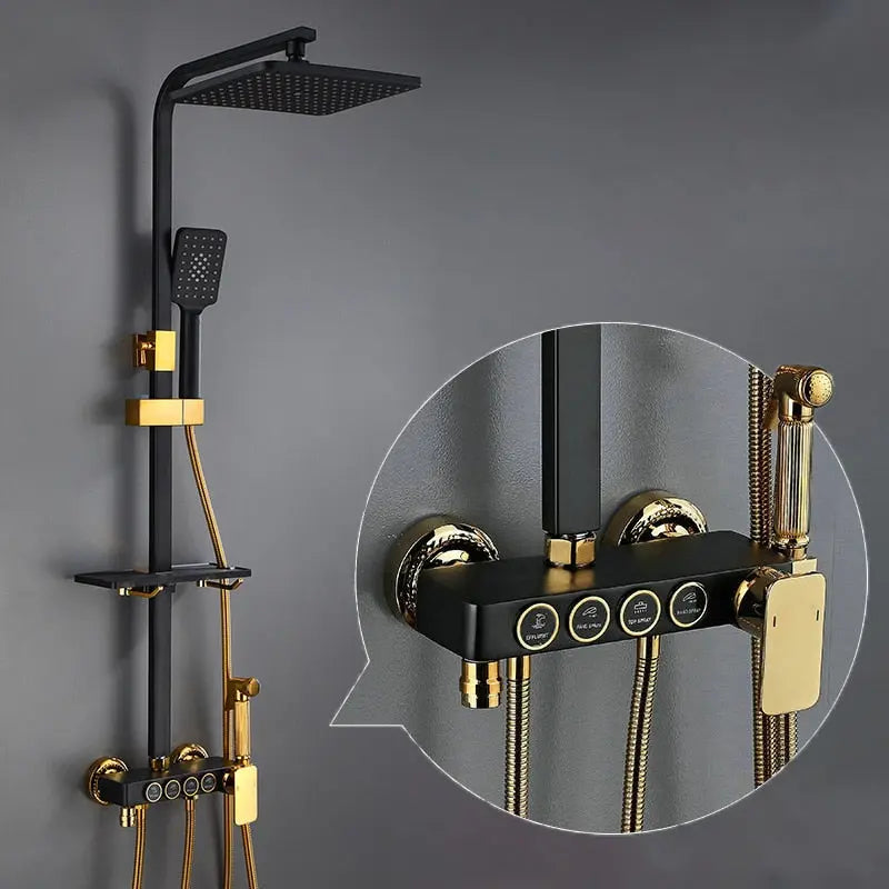 Hot and Cold Digital Shower Set Faucet Bathroom Shower System Black Gold Shower Faucet Square Shower Head  Bath Shower System  