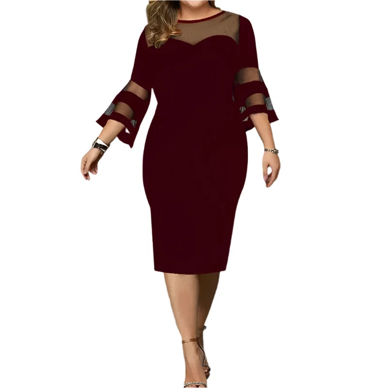 Spring Summer Elegant Fashion Lace Patchwork Plus Size Dresses Women Sexy Mesh Evening Party Vestidos Solid Bodycon Robe Femme  