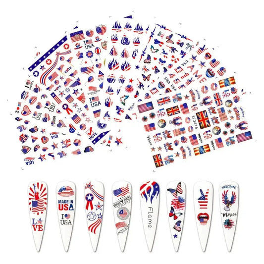 8Pcs 4th of July USA Independence Day Nail Art Stickers US UK National Flags Pattern Patriotic Theme DIY Manicure Decoration  
