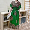 Casual Elegant Retro Bohemian National Style V-neck ElasticWaist Large Swing Printed Summer Long Skirt Woman Dress Clothes  