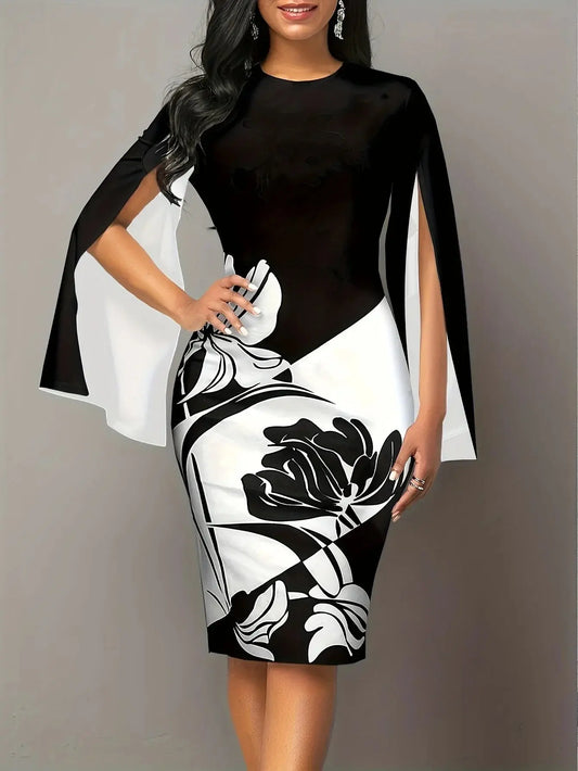 Plus Size 1XL-5XL Women's Elegant Dress Ladies Fashion Floral Print Round Neck Split Sleeve Bodycon Midi Dress  