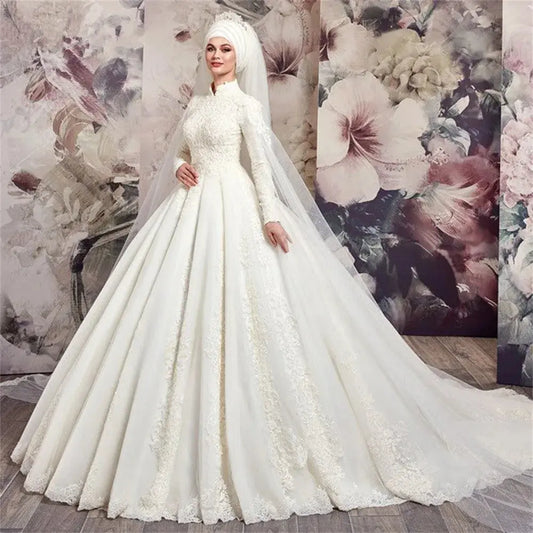 Luxury Muslim Wedding Dresses High Neck Long Sleeve Tulle Lace Applique Beading 2024 New Bridal Gown Customize Robe De Mariage Vinca sunny Official Store  EBOYGIFTS