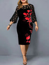 Plus Size Dress Women Summer Lace See Through Sleeve Patchwork Floral Print Bodycon Pencil Dress Slim Ladies Work Office Dresses  