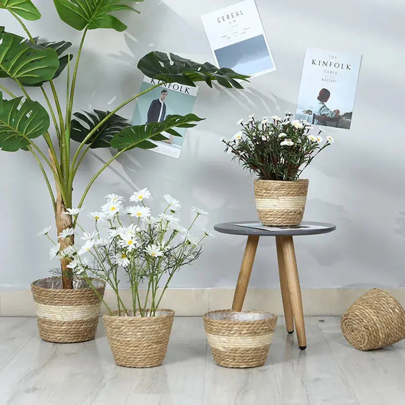 Straw Weaving Flower Plant Pot Basket Grass Planter Basket Indoor Outdoor Flower Pot Cover Plant Containers for Plantable Plants  