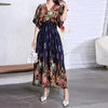 Casual Elegant Retro Bohemian National Style V-neck ElasticWaist Large Swing Printed Summer Long Skirt Woman Dress Clothes  