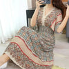 Casual Elegant Retro Bohemian National Style V-neck ElasticWaist Large Swing Printed Summer Long Skirt Woman Dress Clothes  