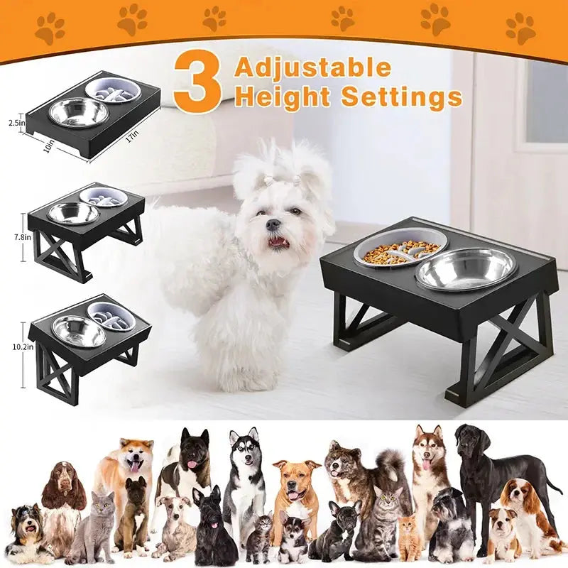 Dog Double Elevated Bowls Stand 3 Adjustable Height Pet Slow Feeding Dish Bowl Medium Big Dog Elevated Food Water Feeders Table - eboygifts