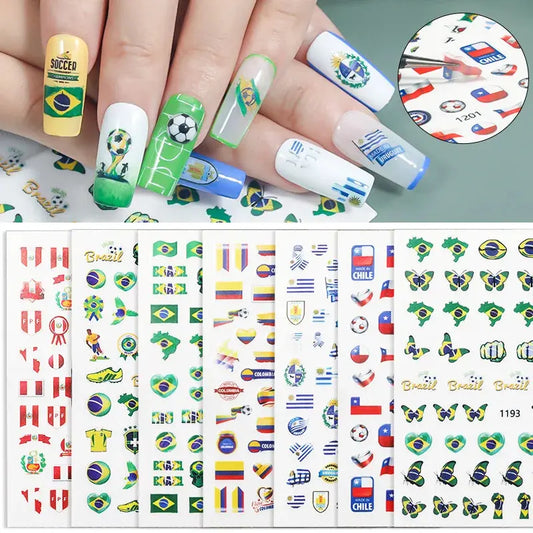 Football Game South America Brazil CHile Peru Argentina Colombia Uruguay Nail Sticker Cheering Design Soccer Fans Nail Flag  