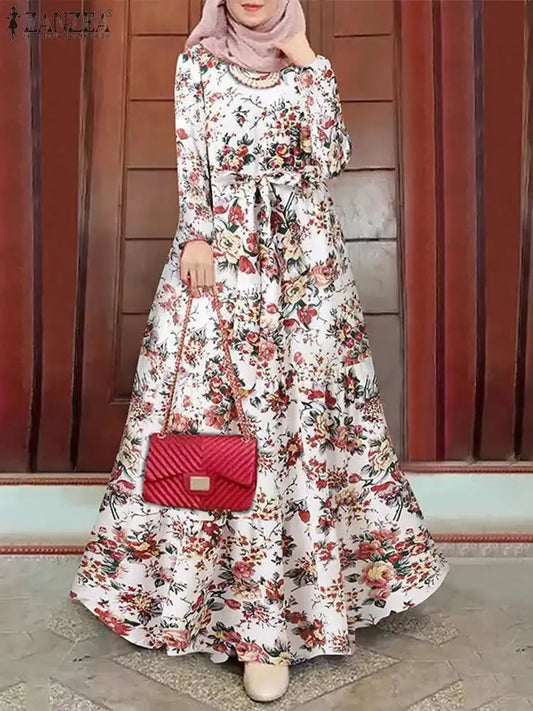 Elegant Floral Muslim Dress ZANZEA Turkey Abaya Hijab Vestidos Women Fashion Robe Bohemain Printed Sundress Islamic Clothing  