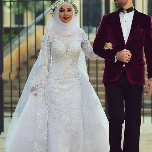 Fashion Muslim Wedding Dresses Long Sleeve Hijab Lace Appliqued Islamic Custom Made Bridal Gowns 2024 Wedding Bridal Gown Store