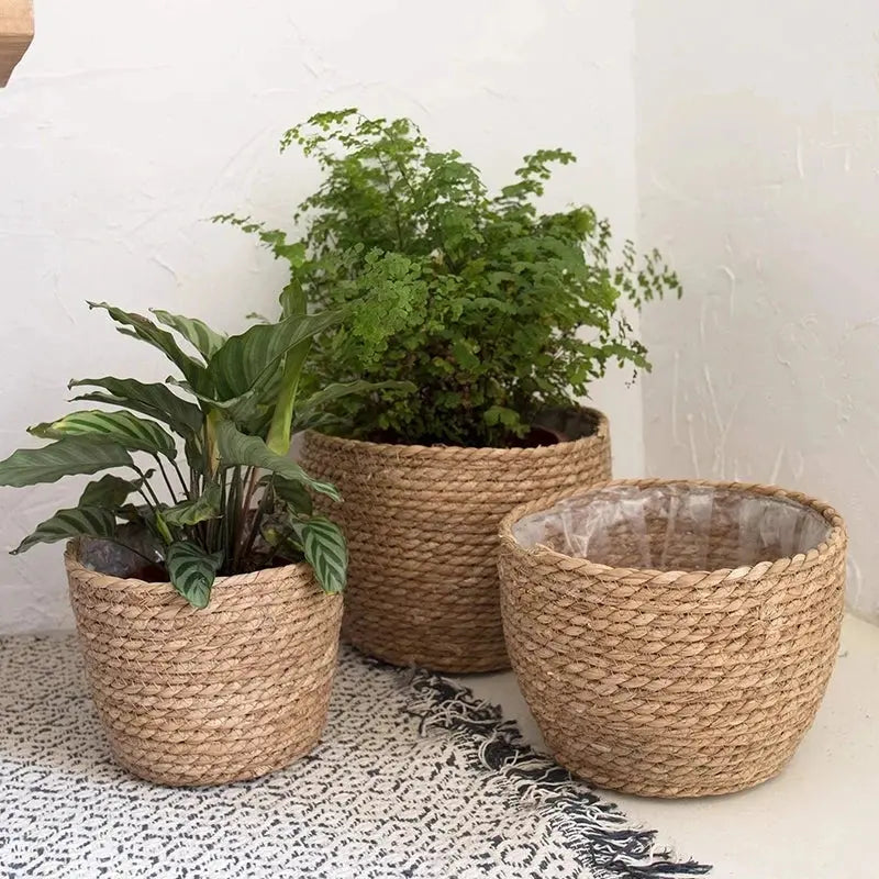 Straw Weaving Flower Plant Pot Basket Grass Planter Basket Indoor Outdoor Flower Pot Cover Plant Containers for Plantable Plants  