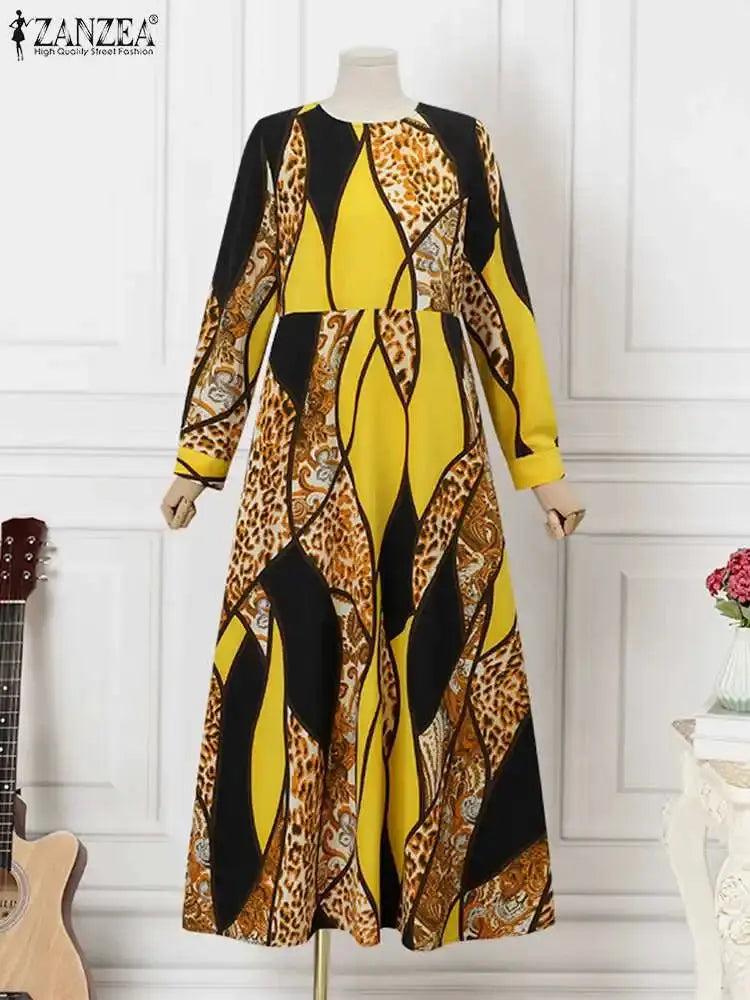 ZANZEA Floral Printed Muslim Dress Fashion Long Sleeve Maxi Sundress Bohemian Casual Party Loose Robe Femme Eid Mubarek Dresses  