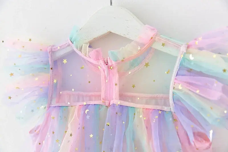 Girls Perform Sequin Rainbow Dress Children Princess Tutu Dress Summer Prom Mesh Dresses Kids Birthday Party School Casual Wear Kids Kingdom  EBOYGIFTS