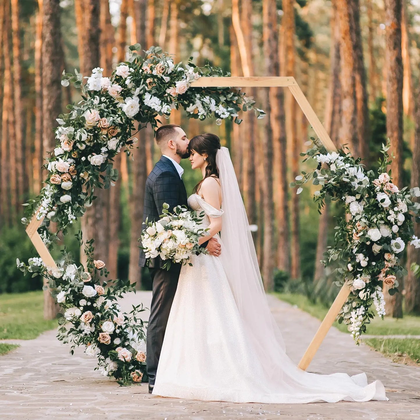 Hexagonal Wooden Wedding Ceremony Arch Bridal Party Backdrop Arch Stand Garden Arbor for Outdoor Weddings, Flowers Garland  