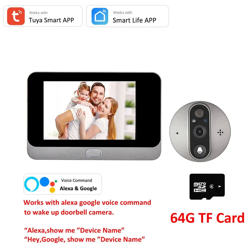 3MP Smart Life Tuya 1080P WiFi Door Bell Eye Peephole Camera 5000mAh Battery PIR Motion Detector IR Alexa Google Digital Viewer - eboygifts