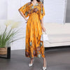 Casual Elegant Retro Bohemian National Style V-neck ElasticWaist Large Swing Printed Summer Long Skirt Woman Dress Clothes  