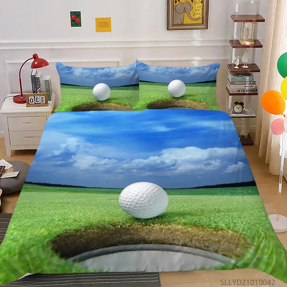 Golf Duvet Cover Set King Queen Ball Games Theme Bedding Set for Adult Men Sports Enthusiasts Green Grass Polyester.Quilt Cover  