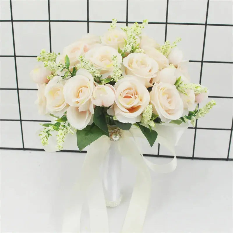 Bridal Bridesmaid Wedding Bouquet White Silk Flowers Roses Handmade  Artificial Bride Mariage Bouquet Wedding Accessories YO CHO Store