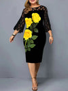 Plus Size Dress Women Summer Lace See Through Sleeve Patchwork Floral Print Bodycon Pencil Dress Slim Ladies Work Office Dresses  