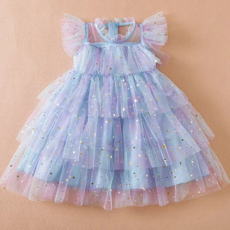 Girls Perform Sequin Rainbow Dress Children Princess Tutu Dress Summer Prom Mesh Dresses Kids Birthday Party School Casual Wear Kids Kingdom  EBOYGIFTS