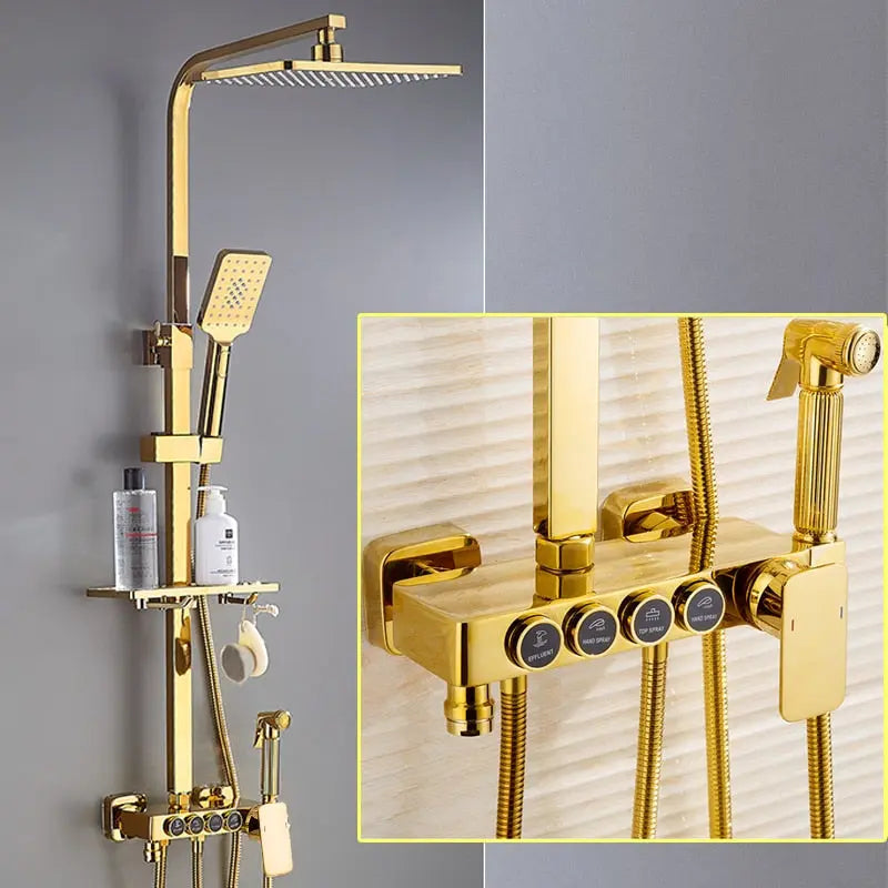 Hot and Cold Digital Shower Set Faucet Bathroom Shower System Black Gold Shower Faucet Square Shower Head  Bath Shower System  