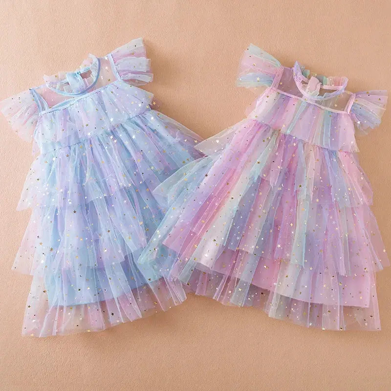 Girls Perform Sequin Rainbow Dress Children Princess Tutu Dress Summer Prom Mesh Dresses Kids Birthday Party School Casual Wear Kids Kingdom  EBOYGIFTS