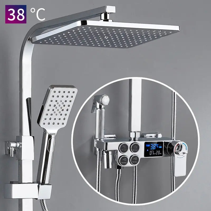 Hot and Cold Digital Shower Set Faucet Bathroom Shower System Black Gold Shower Faucet Square Shower Head  Bath Shower System  