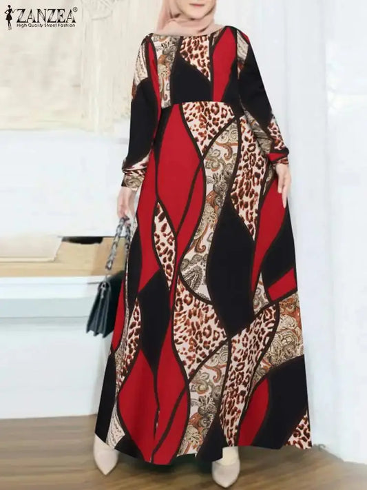 ZANZEA Floral Printed Muslim Dress Fashion Long Sleeve Maxi Sundress Bohemian Casual Party Loose Robe Femme Eid Mubarek Dresses  