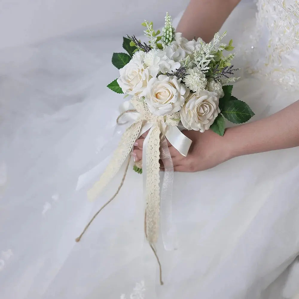 Yannew Rustic Wedding Bouquets for Bride White Champagne Artificial Roses Flowers Bridal Holding Bouquet for Wedding Decoration Yannew Official Store