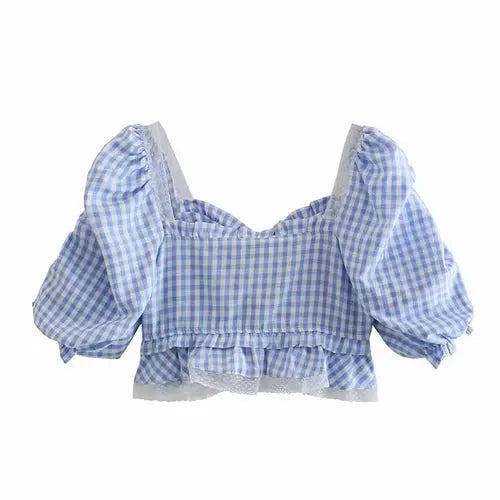 Plaid Women Lace Ruffle Blouses  