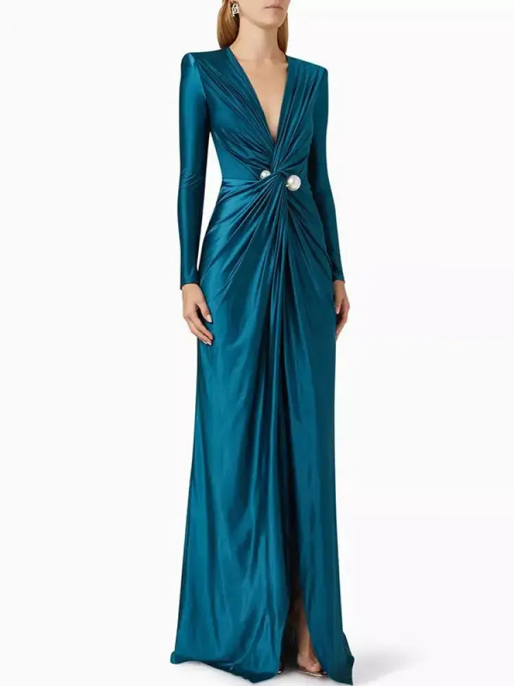 Yeezzi 2024 New Female Tied Waist Deep V-Neck Pleated Prom Banquet Dress Spring Long Sleeves Elegant Party Evening Maxi Dresses Yeezzi Store