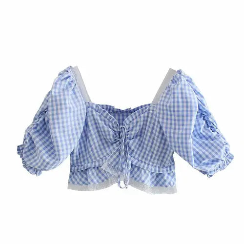 Plaid Women Lace Ruffle Blouses  