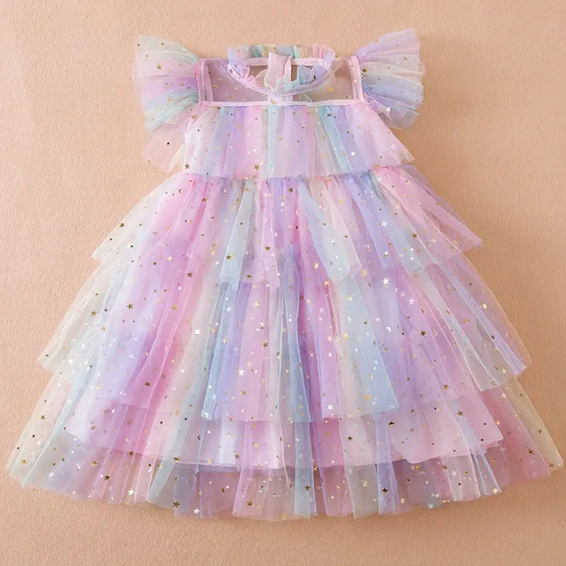 Girls Perform Sequin Rainbow Dress Children Princess Tutu Dress Summer Prom Mesh Dresses Kids Birthday Party School Casual Wear Kids Kingdom  EBOYGIFTS