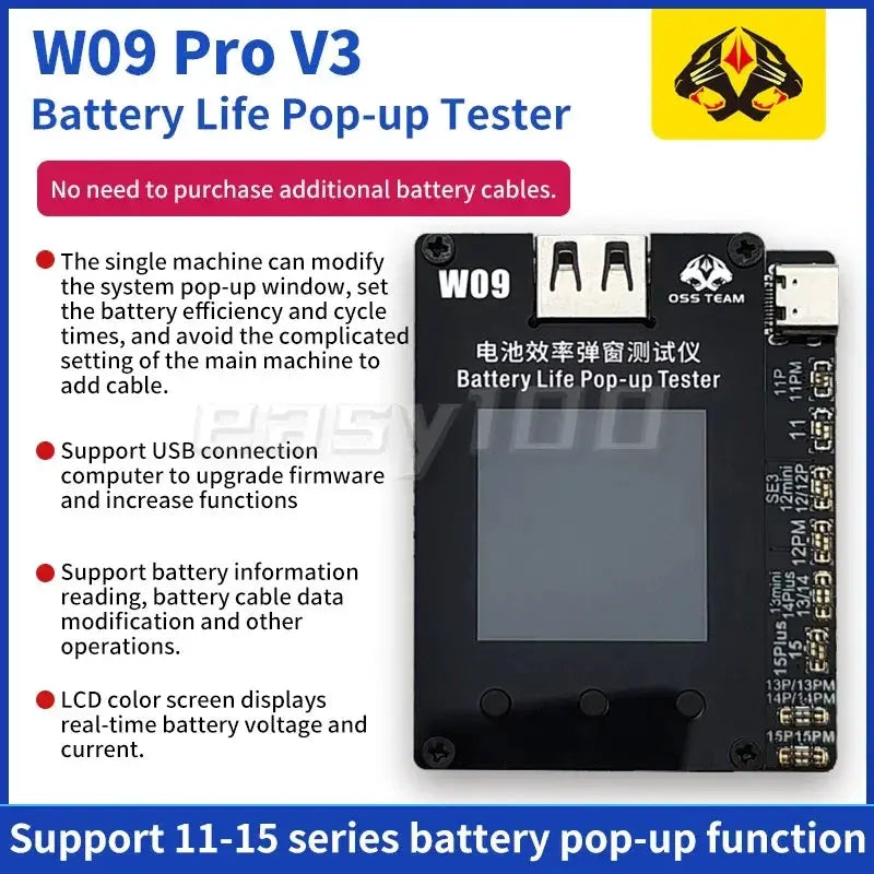 OSS W09 Pro V3 Battery Life Pop-up Tester for IPhone 11-15 Series Solve Phone Window Pop-up Modify Battery Efficiency easy100fix Store