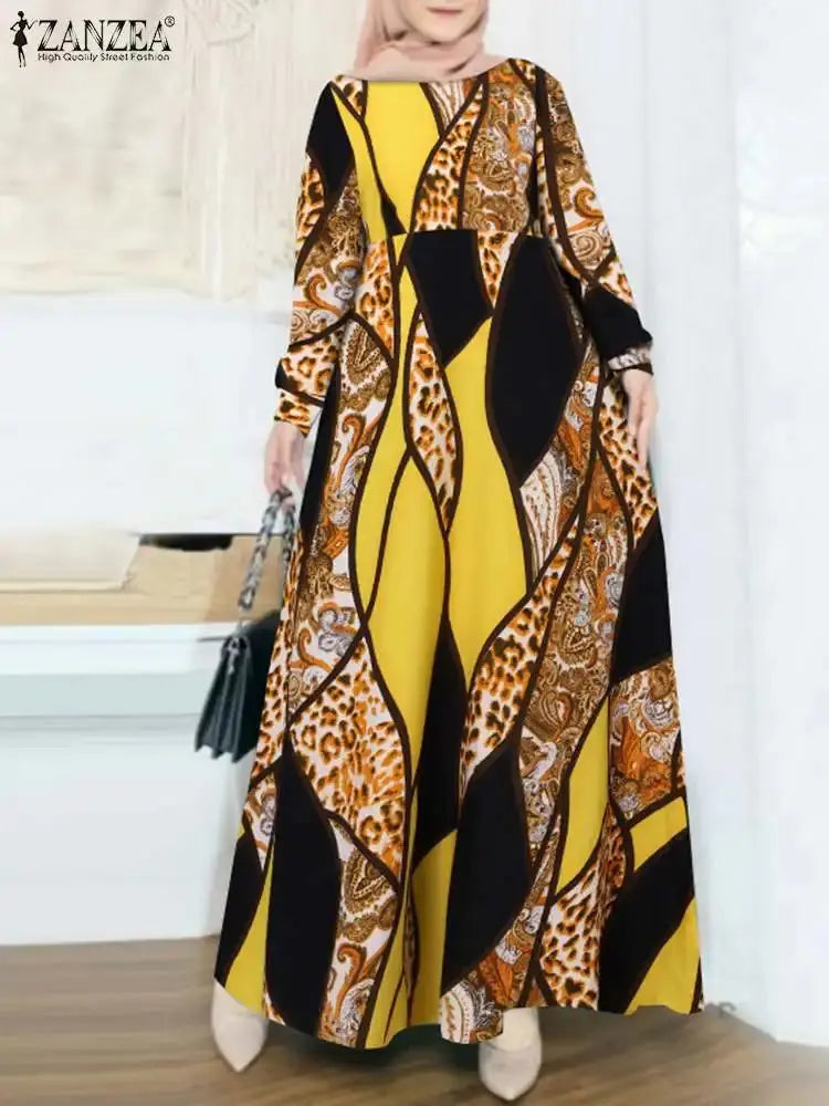 ZANZEA Floral Printed Muslim Dress Fashion Long Sleeve Maxi Sundress Bohemian Casual Party Loose Robe Femme Eid Mubarek Dresses  