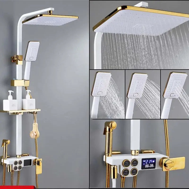 Hot and Cold Digital Shower Set Faucet Bathroom Shower System Black Gold Shower Faucet Square Shower Head  Bath Shower System  