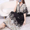 Casual Elegant Retro Bohemian National Style V-neck ElasticWaist Large Swing Printed Summer Long Skirt Woman Dress Clothes  