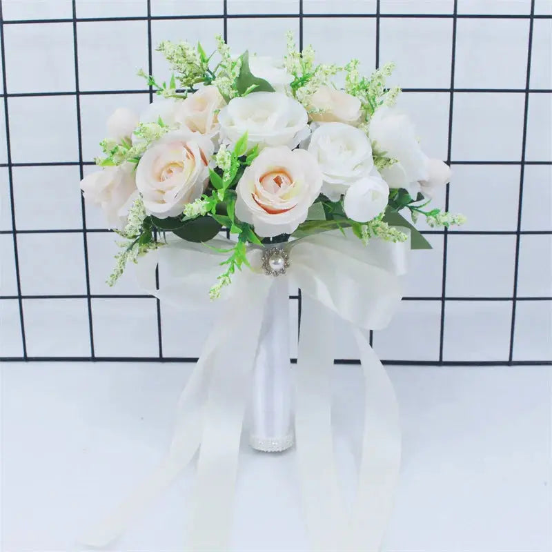 Bridal Bridesmaid Wedding Bouquet White Silk Flowers Roses Handmade  Artificial Bride Mariage Bouquet Wedding Accessories YO CHO Store