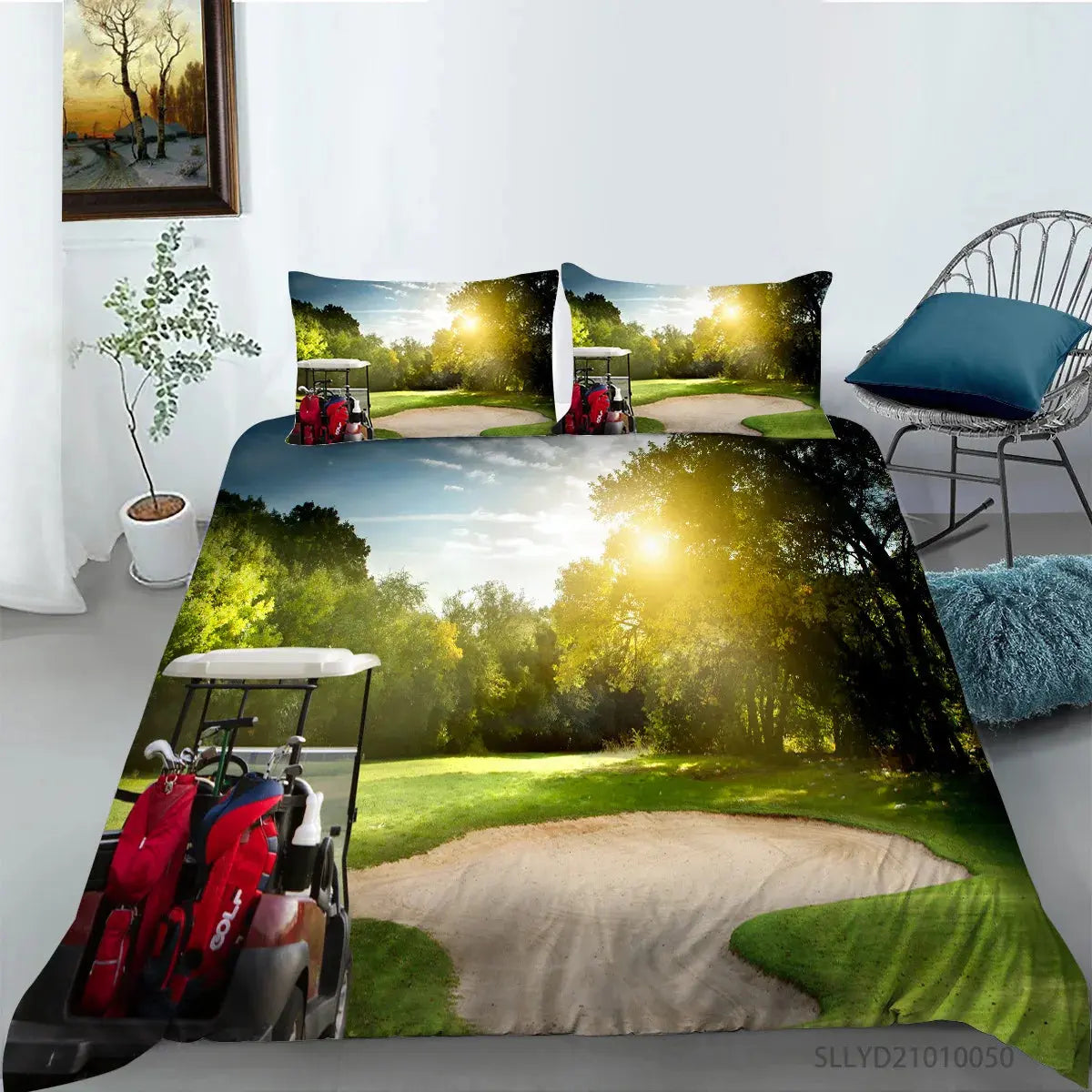 Golf Duvet Cover Set King Queen Ball Games Theme Bedding Set for Adult Men Sports Enthusiasts Green Grass Polyester.Quilt Cover  