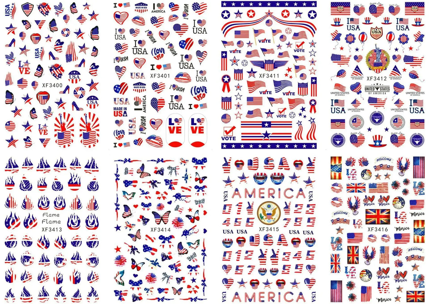 8Pcs 4th of July USA Independence Day Nail Art Stickers US UK National Flags Pattern Patriotic Theme DIY Manicure Decoration  