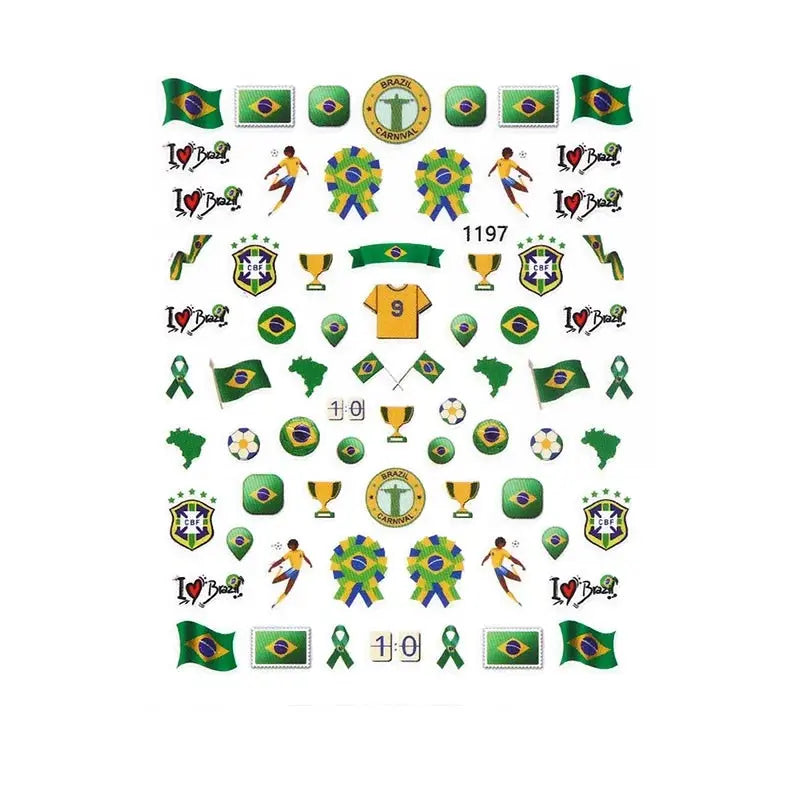 Football Game South America Brazil CHile Peru Argentina Colombia Uruguay Nail Sticker Cheering Design Soccer Fans Nail Flag  