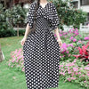 Casual Elegant Retro Bohemian National Style V-neck ElasticWaist Large Swing Printed Summer Long Skirt Woman Dress Clothes  